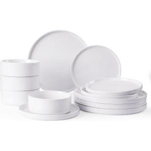 imageFamiware Nebula Plates and Bowls Sets for 4 12 Pieces Stoneware Dinnerware Set Microwave and Dishwasher Safe Dishes Set White with Black RimWhite with Colorful Speckles