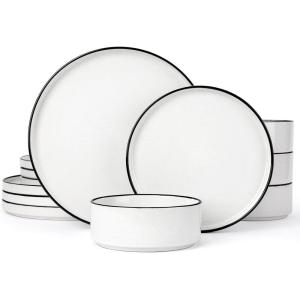 imageFamiware Nebula Plates and Bowls Sets for 4 12 Pieces Stoneware Dinnerware Set Microwave and Dishwasher Safe Dishes Set White with Black RimWhite with Black Rim