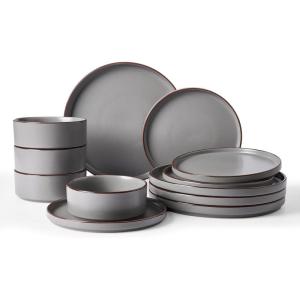 imageFamiware Nebula Ridge Stoneware Dinnerware Sets Plates and Bowls Sets for 4 12 Pieces Dishes Set Microwave and Dishwasher Safe Kitchen Plates CharcoalDark Gray