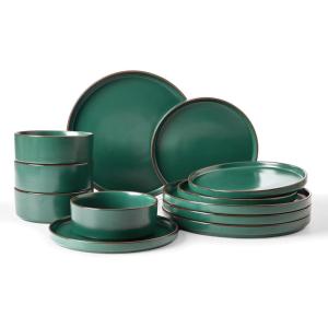 imageFamiware Nebula Ridge Stoneware Dinnerware Sets Plates and Bowls Sets for 4 12 Pieces Dishes Set Microwave and Dishwasher Safe Kitchen Plates CharcoalDark Green