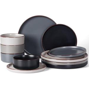 imageFamiware Nebula Ridge Stoneware Dinnerware Sets Plates and Bowls Sets for 4 12 Pieces Dishes Set Microwave and Dishwasher Safe Kitchen Plates CharcoalMulticolor
