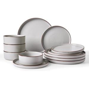imageFamiware Nebula Ridge Stoneware Dinnerware Sets Plates and Bowls Sets for 4 12 Pieces Dishes Set Microwave and Dishwasher Safe Kitchen Plates CharcoalLight Gray
