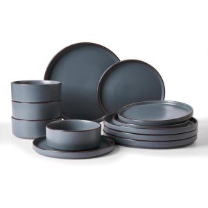 imageFamiware Nebula Ridge Stoneware Dinnerware Sets Plates and Bowls Sets for 4 12 Pieces Dishes Set Microwave and Dishwasher Safe Kitchen Plates CharcoalCharcoal