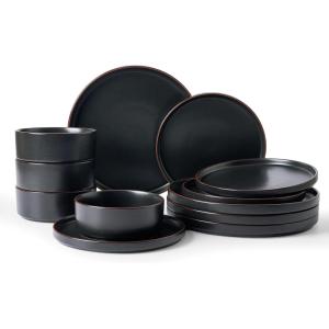 imageFamiware Nebula Ridge Stoneware Dinnerware Sets Plates and Bowls Sets for 4 12 Pieces Dishes Set Microwave and Dishwasher Safe Kitchen Plates CharcoalMatte Black