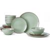 imageFamiware Venus Plates and Bowls Sets 12 Pieces Stoneware Speckled Dinnerware Sets Dishes Set for 4 Microwave and Dishwasher Safe Matte Dark GreyLight Green