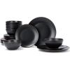 imageFamiware Venus Plates and Bowls Sets 12 Pieces Stoneware Speckled Dinnerware Sets Dishes Set for 4 Microwave and Dishwasher Safe Matte Dark GreyMatte Black
