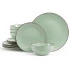 imageFamiware Venus Plates and Bowls Sets 12 Pieces Stoneware Speckled Dinnerware Sets Dishes Set for 4 Microwave and Dishwasher Safe Matte Dark GreyLight Green