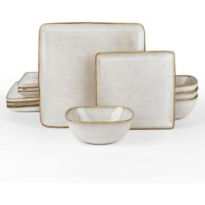 imageFamiware Dinnerware Sets for 4 Ocean Square 12Piece Kitchen Plates and Bowls Sets Microwave and Dishwasher Safe Scratch Resistant Vanilla WhiteCappuccino White