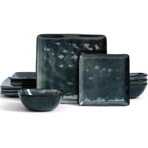 imageFamiware Dinnerware Sets for 4 Ocean Square 12Piece Kitchen Plates and Bowls Sets Microwave and Dishwasher Safe Scratch Resistant Vanilla WhiteDeep Forest