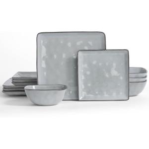 imageFamiware Dinnerware Sets for 4 Ocean Square 12Piece Kitchen Plates and Bowls Sets Microwave and Dishwasher Safe Scratch Resistant Vanilla WhiteGray