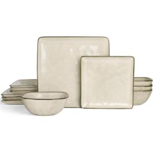 imageFamiware Dinnerware Sets for 4 Ocean Square 12Piece Kitchen Plates and Bowls Sets Microwave and Dishwasher Safe Scratch Resistant Vanilla WhiteLight khaki