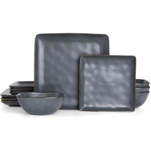 imageFamiware Dinnerware Sets for 4 Ocean Square 12Piece Kitchen Plates and Bowls Sets Microwave and Dishwasher Safe Scratch Resistant Vanilla WhiteMatte Black