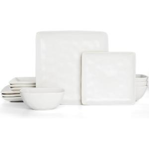 imageFamiware Dinnerware Sets for 4 Ocean Square 12Piece Kitchen Plates and Bowls Sets Microwave and Dishwasher Safe Scratch Resistant Vanilla WhiteMatte White