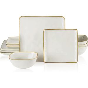 imageFamiware Dinnerware Sets for 4 Ocean Square 12Piece Kitchen Plates and Bowls Sets Microwave and Dishwasher Safe Scratch Resistant Vanilla WhiteVanilla White