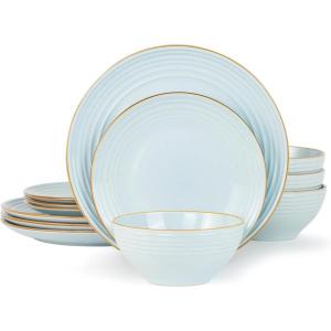 imageFamiware Jupiter Dinnerware Set Plates and Bowls Dish Sets for 4 12 Pieces Microwave and Dishwasher Safe Stoneware Speckled Tableware Chip and Scratch Resistant MulticolorLight Blue
