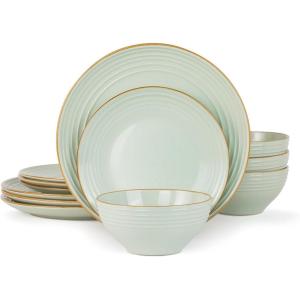 imageFamiware Jupiter Dinnerware Set Plates and Bowls Dish Sets for 4 12 Pieces Microwave and Dishwasher Safe Stoneware Speckled Tableware Chip and Scratch Resistant MulticolorLight Green