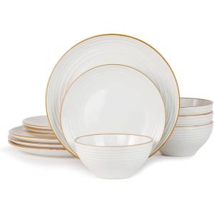imageFamiware Jupiter Dinnerware Set Plates and Bowls Dish Sets for 4 12 Pieces Microwave and Dishwasher Safe Stoneware Speckled Tableware Chip and Scratch Resistant MulticolorWhite