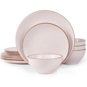 imageFamiware Jupiter Dinnerware Set Plates and Bowls Dish Sets for 4 12 Pieces Microwave and Dishwasher Safe Stoneware Speckled Tableware Chip and Scratch Resistant MulticolorLight Pink