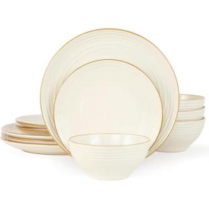 imageFamiware Jupiter Dinnerware Set Plates and Bowls Dish Sets for 4 12 Pieces Microwave and Dishwasher Safe Stoneware Speckled Tableware Chip and Scratch Resistant MulticolorVanilla White