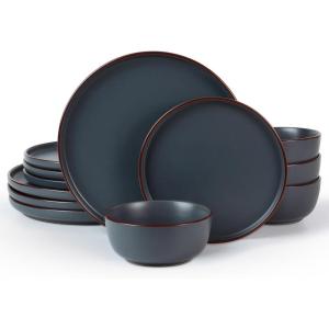 imageFamiware Mercury Plates and Bowls Sets 12 Pieces Stoneware Dinnerware Sets Dishes Set for 4 Microwave and Dishwasher Safe CharcoalCharcoal