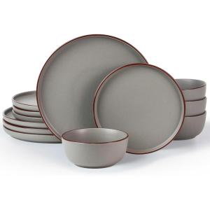 imageFamiware Mercury Plates and Bowls Sets 12 Pieces Stoneware Dinnerware Sets Dishes Set for 4 Microwave and Dishwasher Safe CharcoalDark Gray