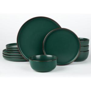 imageFamiware Mercury Plates and Bowls Sets 12 Pieces Stoneware Dinnerware Sets Dishes Set for 4 Microwave and Dishwasher Safe CharcoalDark Green