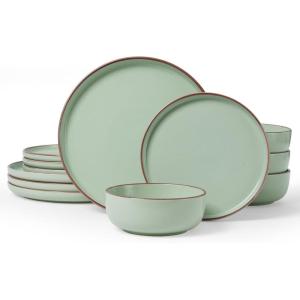 imageFamiware Mercury Plates and Bowls Sets 12 Pieces Stoneware Dinnerware Sets Dishes Set for 4 Microwave and Dishwasher Safe CharcoalLight Green