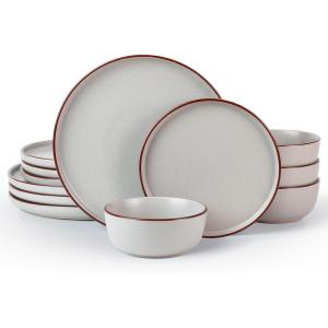 imageFamiware Mercury Plates and Bowls Sets 12 Pieces Stoneware Dinnerware Sets Dishes Set for 4 Microwave and Dishwasher Safe CharcoalLight Grey