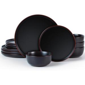 imageFamiware Mercury Plates and Bowls Sets 12 Pieces Stoneware Dinnerware Sets Dishes Set for 4 Microwave and Dishwasher Safe CharcoalMatte Black