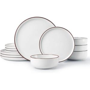 imageFamiware Mercury Plates and Bowls Sets 12 Pieces Stoneware Dinnerware Sets Dishes Set for 4 Microwave and Dishwasher Safe CharcoalWhite