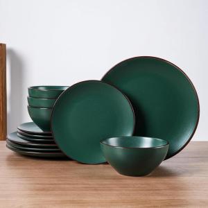 imageFamiware Venus Plates and Bowls Sets 12 Pieces Stoneware Speckled Dinnerware Sets Dishes Set for 4 Microwave and Dishwasher Safe Matte Dark GreyDark Green