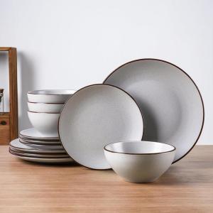 imageFamiware Venus Plates and Bowls Sets 12 Pieces Stoneware Speckled Dinnerware Sets Dishes Set for 4 Microwave and Dishwasher Safe Matte Dark GreyLight Grey