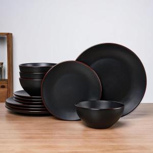 imageFamiware Venus Plates and Bowls Sets 12 Pieces Stoneware Speckled Dinnerware Sets Dishes Set for 4 Microwave and Dishwasher Safe Matte Dark GreyMatte Black