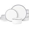 imageFamiware Porcelain Dinnerware Set 12Piece Modern Plate and Bowl Set Dish Set for 4 Microwave and Dishwasher Safe Tableware White with Blue TrimWhite with Blue Trim