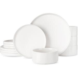 imageFamiware Porcelain Dinnerware Set 12Piece Modern Plate and Bowl Set Dish Set for 4 Microwave and Dishwasher Safe Tableware White with Blue TrimWhite