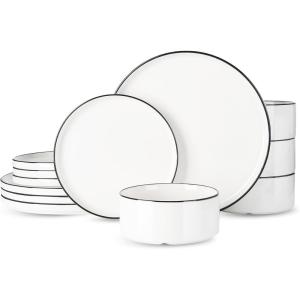 imageFamiware Porcelain Dinnerware Set 12Piece Modern Plate and Bowl Set Dish Set for 4 Microwave and Dishwasher Safe Tableware White with Blue TrimWhite with Black Trim