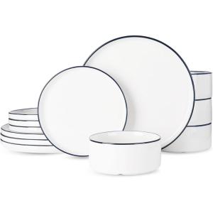 imageFamiware Porcelain Dinnerware Set 12Piece Modern Plate and Bowl Set Dish Set for 4 Microwave and Dishwasher Safe Tableware White with Blue TrimWhite with Blue Trim