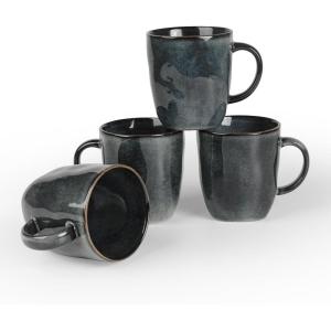 imagefamiware Coffee Mugs Set of 4 Ocean Round 115oz Coffee Cup Set with Handle for Cocoa Milk Hot Chocolate Tea or Water Stoneware Cups for Kitchen Reactive Glaze Microwave Dishwasher Safe BlueOcean SquareDeep Forest