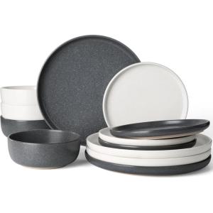 imageFamiware Milkyway Stoneware Dinnerware Sets with Mugs Service for 4 16pcs Plates and Bowls Sets Scratch Resistant Microwave and Dishwasher Safe Dishes Set WhiteMatte Beige White  Matte Dark Charcoal