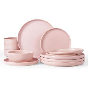 imageFamiware Milkyway Stoneware Dinnerware Sets with Mugs Service for 4 16pcs Plates and Bowls Sets Scratch Resistant Microwave and Dishwasher Safe Dishes Set WhiteLight Pink