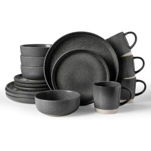 imageFamiware Milkyway Stoneware Dinnerware Sets with Mugs Service for 4 16pcs Plates and Bowls Sets Scratch Resistant Microwave and Dishwasher Safe Dishes Set WhiteMatte Dark Charcoal
