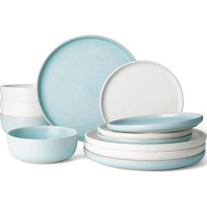 imageFamiware Milkyway Stoneware Dinnerware Sets with Mugs Service for 4 16pcs Plates and Bowls Sets Scratch Resistant Microwave and Dishwasher Safe Dishes Set WhiteMatte Beige White  Light Blue