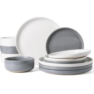 imageFamiware Milkyway Stoneware Dinnerware Sets with Mugs Service for 4 16pcs Plates and Bowls Sets Scratch Resistant Microwave and Dishwasher Safe Dishes Set WhiteWhite  Dark Gray