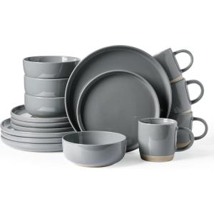 imageFamiware Milkyway Stoneware Dinnerware Sets with Mugs Service for 4 16pcs Plates and Bowls Sets Scratch Resistant Microwave and Dishwasher Safe Dishes Set WhiteDark Gray
