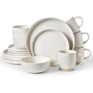 imageFamiware Milkyway Stoneware Dinnerware Sets with Mugs Service for 4 16pcs Plates and Bowls Sets Scratch Resistant Microwave and Dishwasher Safe Dishes Set WhiteMatte Beige White