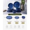 imagefamiware Star Dinnerware Set Plates and Bowls Sets for 4 12pcs Ribbed Stoneware Dishes  Chip ampamp Scratch Resistant Microwave ampamp Dishwasher Safe Multicolor  Cappuccino White ampamp Smoky BlueNebulas Blue