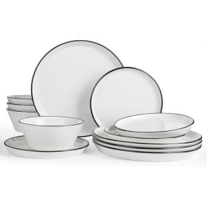 imageFamiware Saturn Plates and Bowls Dish Sets for 6 18 Pieces Stoneware Dinnerware Set with HandPainted Trim  Chip ampamp Scratch Resistant Microwave ampamp Dishwasher Safe Ceramic Dishes Light BlueWhite