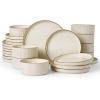 imageFamiware Star Dinnerware Set with Pasta Bowls Service for 6 24 Pieces Ribbed Stoneware Plates and Double Bowls Sets with Trim  Chip ampamp Scratch Resistant Microwave ampamp Dishwasher Safe Dishes WhiteCream