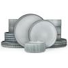 imageFamiware Star Dinnerware Set with Pasta Bowls Service for 6 24 Pieces Ribbed Stoneware Plates and Double Bowls Sets with Trim  Chip ampamp Scratch Resistant Microwave ampamp Dishwasher Safe Dishes WhiteSmoky Blue