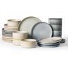 imageFamiware Star Dinnerware Set with Pasta Bowls Service for 6 24 Pieces Ribbed Stoneware Plates and Double Bowls Sets with Trim  Chip ampamp Scratch Resistant Microwave ampamp Dishwasher Safe Dishes WhiteCappuccino White  Smoky Blue